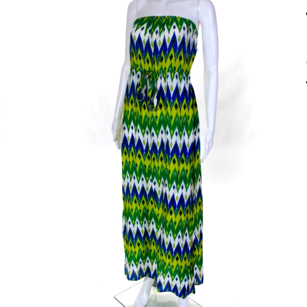 VINCE CAMUTO WOMEN'S STRAPLESS MAXI DRESS GREEN YELLOW BLUE SIZE SMALL